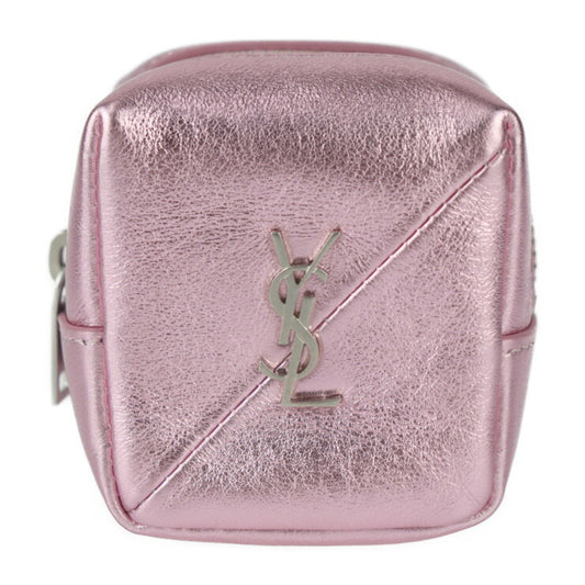 超美品 SAINT LAURENT PARIS サンローランパリ ジェイミーキューブ ポーチ キーホルダー 669964 レザー メタリックピンク シルバー金具 ミニポーチ バッグチャーム スクエア コインケース 小物入れ
