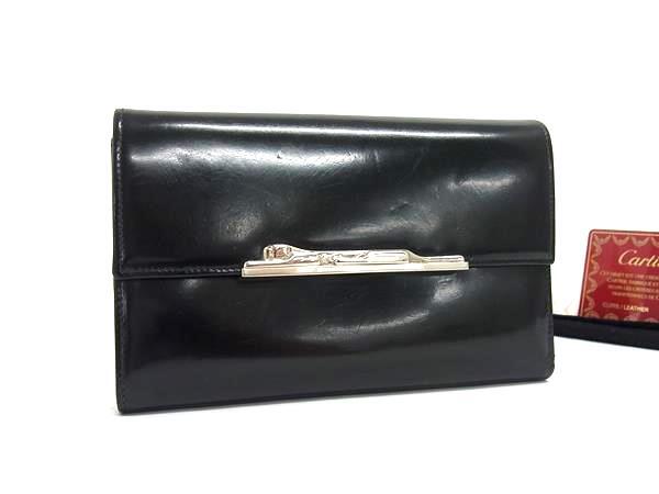 Cartier カルティエ 長財布 パンテール - ブラック パテントレザー レディース 三つ折り シルバー金具