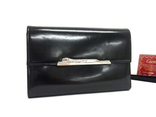 Cartier カルティエ 長財布 パンテール - ブラック パテントレザー レディース 三つ折り シルバー金具