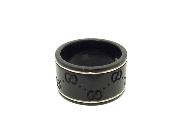 GUCCI グッチ 指輪 アイコンリング ワイド ブラック系 シンセティックコランダム K18WG ユニセックス