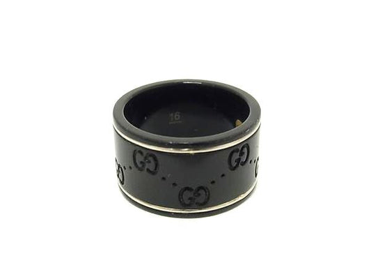 GUCCI グッチ 指輪 アイコンリング ワイド ブラック系 シンセティックコランダム K18WG ユニセックス