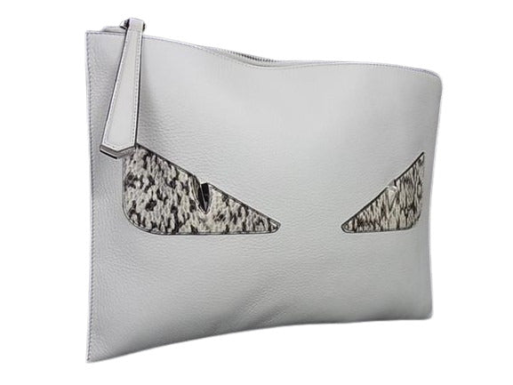 超美品 FENDI フェンディ セカンドバッグ バグズアイ クラッチバッグ モンスター バッグバグズ 8M0370 5RR ホワイト レザー パイソン ユニセックス ポーチ シルバー金具 L字ファスナー