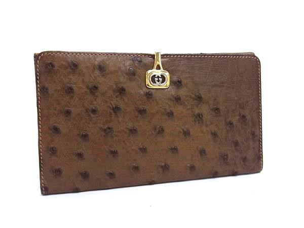 GUCCI グッチ 財布 オールドグッチ 035 001 0091 ブラウン オーストリッチ ユニセックス ロゴクリップ 二つ折り 長財布 ゴールド金具