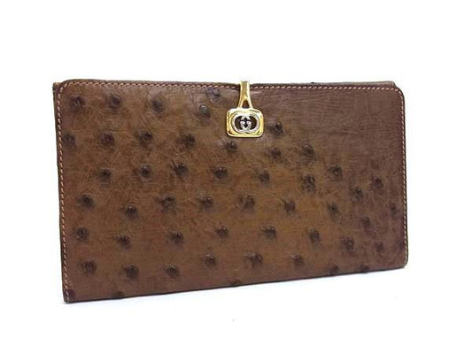 GUCCI グッチ 財布 オールドグッチ 035 001 0091 ブラウン オーストリッチ ユニセックス ロゴクリップ 二つ折り 長財布 ゴールド金具
