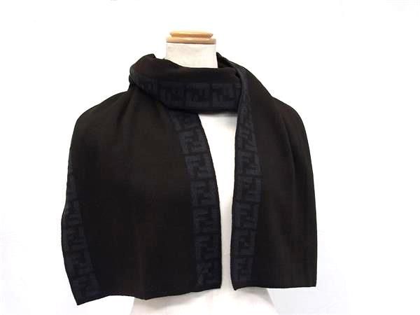 FENDI フェンディ マフラー ズッカ ダークブラウン ネイビー ウール100％ メンズ 美品