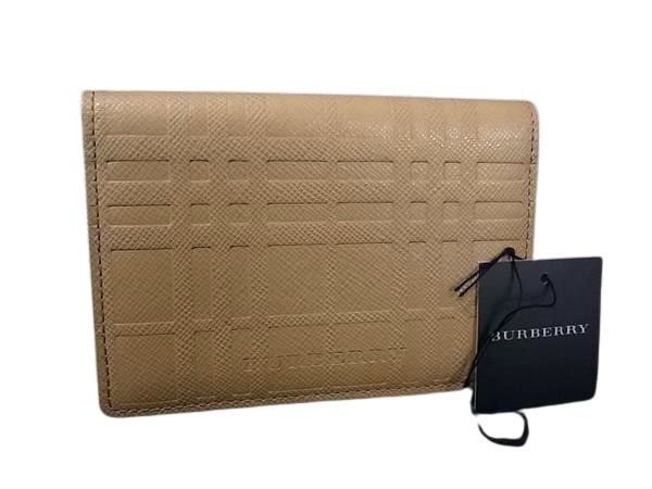 BURBERRY バーバリー カードケース チェック ベージュ系 レザー ユニセックス エンボス 美品
