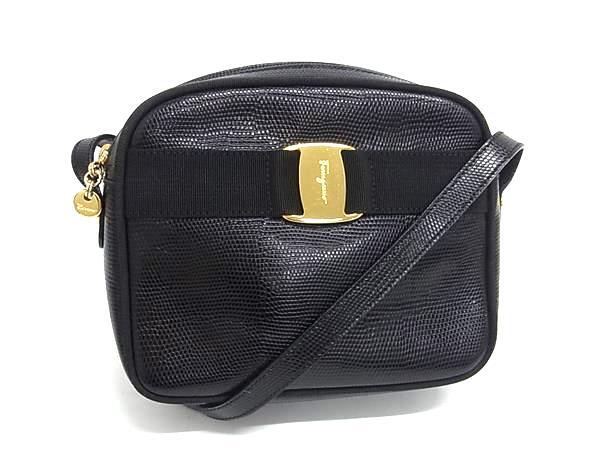 Salvatore Ferragamo フェラガモ ショルダーバッグ ヴァラ D213096 ブラック リザード型押しレザー レディース ゴールド金具