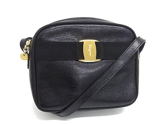 Salvatore Ferragamo フェラガモ ショルダーバッグ ヴァラ D213096 ブラック リザード型押しレザー レディース ゴールド金具