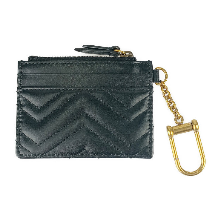 超美品 GUCCI グッチ コインケース ダブルＧ キーチェーン付き ウォレット 627064 ブラック ゴールド金具 レザー ユニセックス GGマーモント カードケース フラグメントケース キルティング