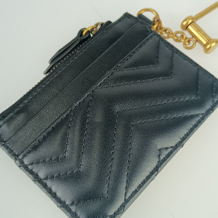 超美品 GUCCI グッチ コインケース ダブルＧ キーチェーン付き ウォレット 627064 ブラック ゴールド金具 レザー ユニセックス GGマーモント カードケース フラグメントケース キルティング