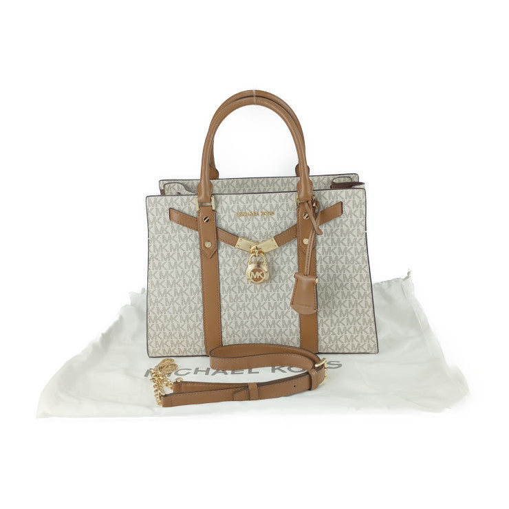 MICHAEL KORS マイケルコース トートバッグ ヌーヴォー ハミルトン ラージ サッチェル 30F9G0HS3B アイボリー系 ブラウン系 PVC レザー レディース 2WAY ショルダーバッグ MKシグネチャー ゴールド金具 美品
