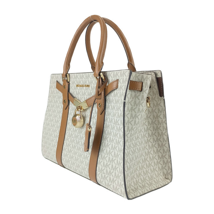 MICHAEL KORS マイケルコース トートバッグ ヌーヴォー ハミルトン ラージ サッチェル 30F9G0HS3B アイボリー系 ブラウン系 PVC レザー レディース 2WAY ショルダーバッグ MKシグネチャー ゴールド金具 美品