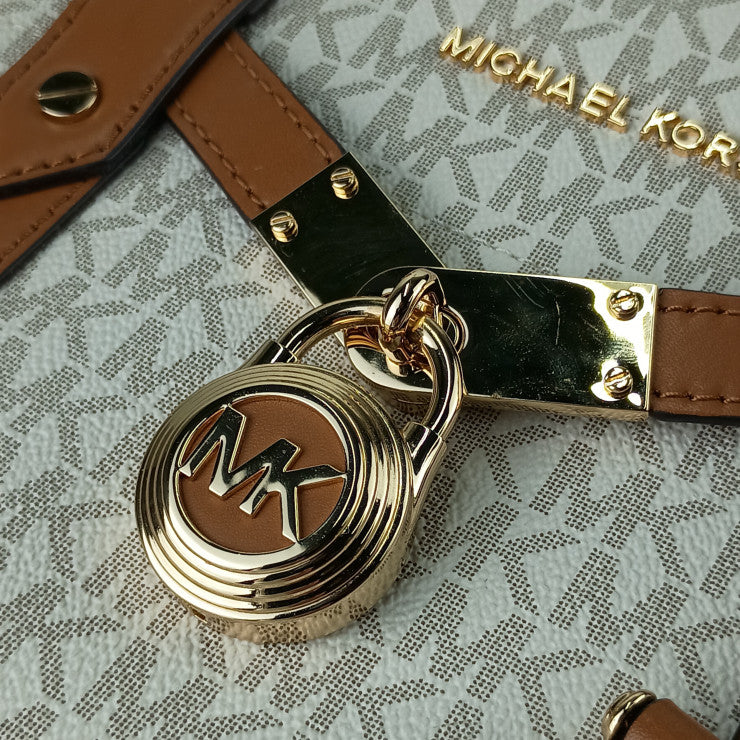 MICHAEL KORS マイケルコース トートバッグ ヌーヴォー ハミルトン ラージ サッチェル 30F9G0HS3B アイボリー系 ブラウン系 PVC レザー レディース 2WAY ショルダーバッグ MKシグネチャー ゴールド金具 美品