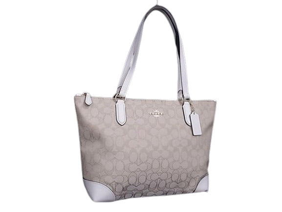 美品 COACH コーチ トートバッグ シグネチャー F29958 ベージュ ホワイト キャンバス レザー レディース ゴールド金具