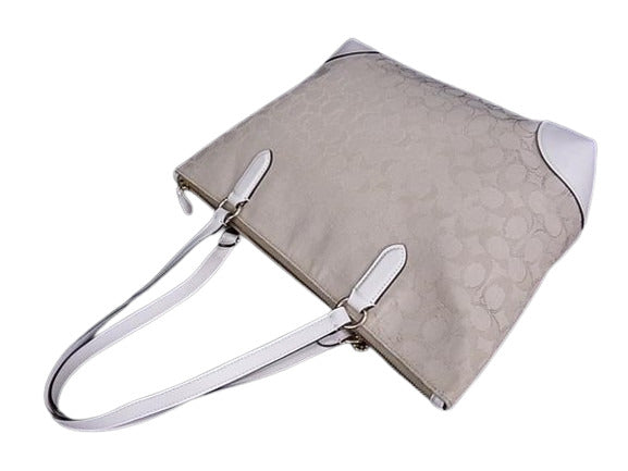 美品 COACH コーチ トートバッグ シグネチャー F29958 ベージュ ホワイト キャンバス レザー レディース ゴールド金具