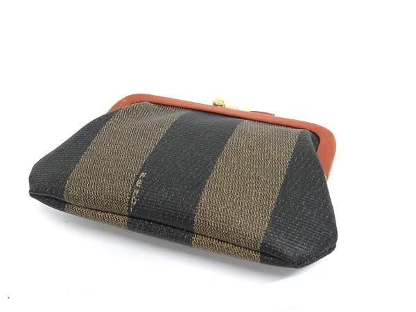 FENDI フェンディ 小銭入れ SAS ペカン柄 がま口 コインケース - ブラウン系×ブラック系 PVC×レザー レディース ヴィンテージ ゴールド金具