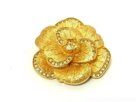 Christian Dior クリスチャン ディオール ブローチ ピンブローチ - ゴールド メタル ラインストーン レディース フラワー 花モチーフ 美品