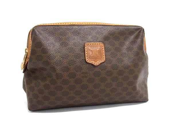 CELINE セリーヌ セカンドバッグ マカダム柄 ポーチ - ブラウン系 PVC×レザー レディース 化粧ポーチ ヴィンテージ 美品