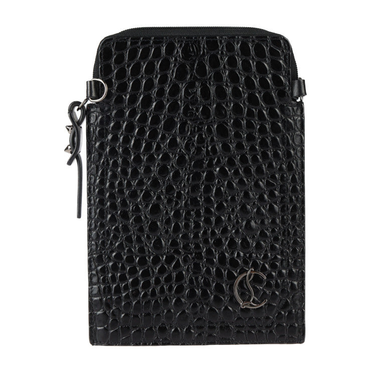 美品 Christian Louboutin クリスチャンルブタン ショルダーポーチ ショルダーバッグ 3205315 クロコ型押しカーフレザー ブラック スマートフォンホルダー フォンポーチ