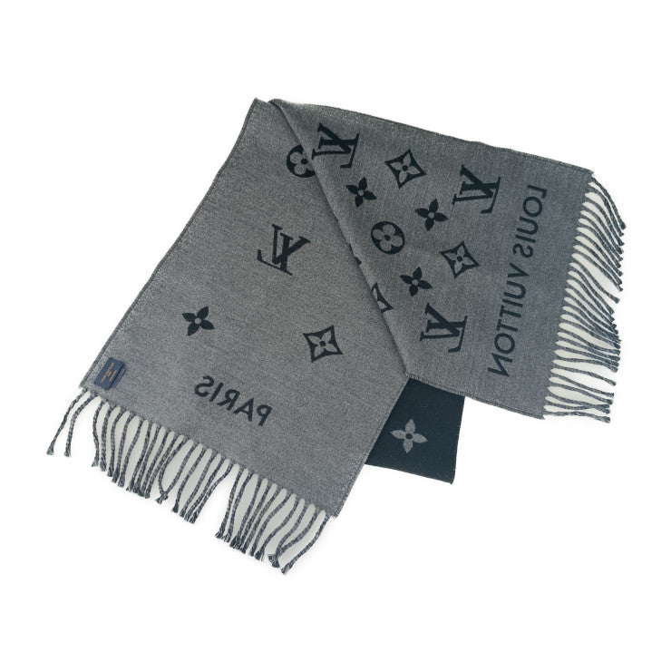 超美品 LOUIS VUITTON ルイ ヴィトン マフラー マフラー･オール アバウト モノグラム M79225 ブラック グレー ウール 100% メンズ フリンジ