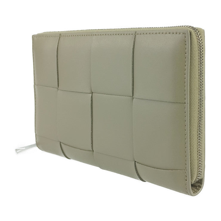 超美品 BOTTEGA VENETA ボッテガヴェネタ 長財布 カセット ラージ ジップアラウンドウォレット 750259 ライトカーキ レザー ユニセックス イントレチャート