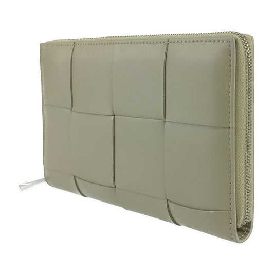 超美品 BOTTEGA VENETA ボッテガヴェネタ 長財布 カセット ラージ ジップアラウンドウォレット 750259 ライトカーキ レザー ユニセックス イントレチャート