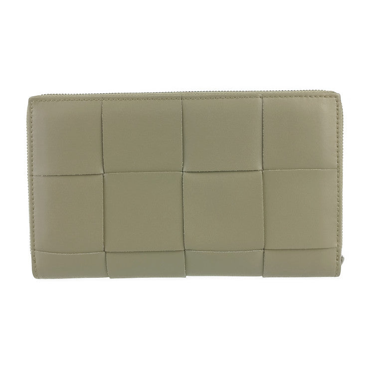 超美品 BOTTEGA VENETA ボッテガヴェネタ 長財布 カセット ラージ ジップアラウンドウォレット 750259 ライトカーキ レザー ユニセックス イントレチャート