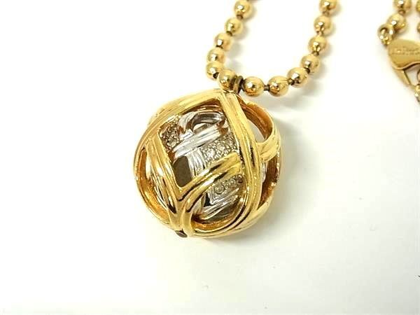 ChristianDior クリスチャンディオール ネックレス ヴィンテージ ゴールド シルバー メタル ラインストーン レディース ボール 鞠型 美品