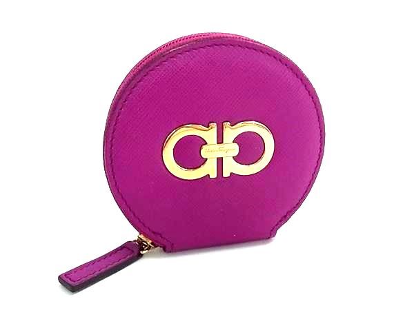 Salvatore Ferragamo フェラガモ コインケース ダブルガンチーニ 22 B203 パープル系 レザー レディース ラウンドファスナー ゴールド金具 美品