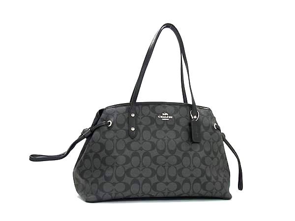 COACH コーチ トートバッグ シグネチャー ドローストリング キャリーオール F57842 ブラック系 PVC×レザー レディース シルバー金具 超美品
