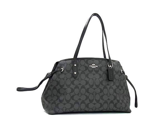 COACH コーチ トートバッグ シグネチャー ドローストリング キャリーオール F57842 ブラック系 PVC×レザー レディース シルバー金具 超美品