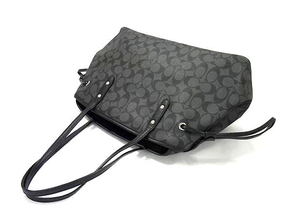 COACH コーチ トートバッグ シグネチャー ドローストリング キャリーオール F57842 ブラック系 PVC×レザー レディース シルバー金具 超美品