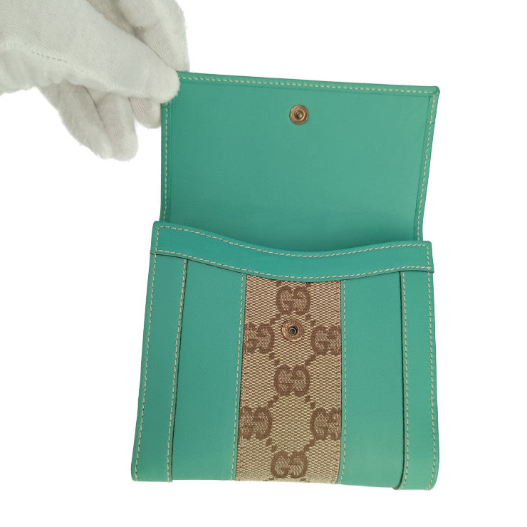 超美品 GUCCI グッチ Ｗホック 二つ折り財布 120927 カプリグリーン ベージュ ＧＧキャンバス レザー レディース