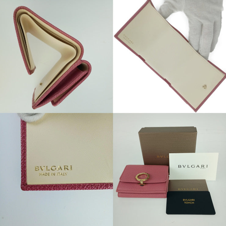 超美品 BVLGARI ブルガリ ブルガリ・ブルガリ 三つ折り財布 291021 BLUSH QUARTZ ピンク系 カーフレザー コンパクトウォレット ゴールド金具 ロゴクリップ