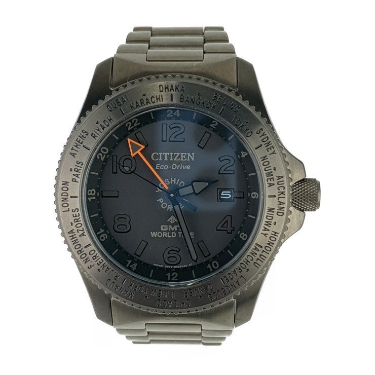 美品 CITIZEN シチズン メンズ腕時計 プロマスター ポーターオリジナルモデル GMT WORLD TIME  B877-R011782 ガンメタル ステンレス メンズ エコドライブ