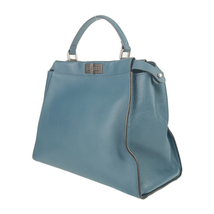 超美品 FENDI フェンディ トートバッグ ピーカブー ラージ 8BN210 ブルー系 シルバー金具 レザー レディース 2WAY ショルダーバッグ ターンロック