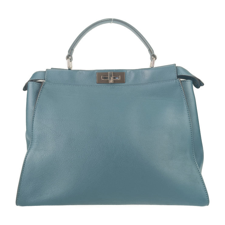 超美品 FENDI フェンディ トートバッグ ピーカブー ラージ 8BN210 ブルー系 シルバー金具 レザー レディース 2WAY ショルダーバッグ ターンロック