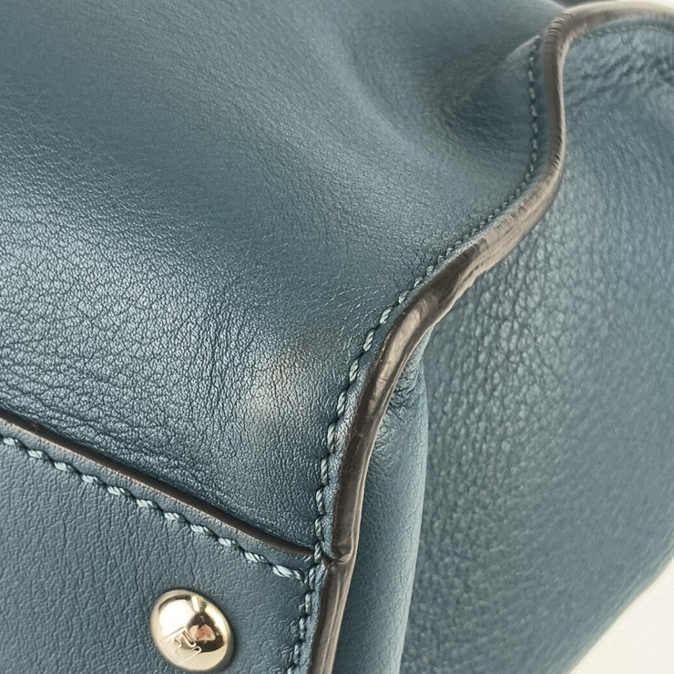 超美品 FENDI フェンディ トートバッグ ピーカブー ラージ 8BN210 ブルー系 シルバー金具 レザー レディース 2WAY ショルダーバッグ ターンロック