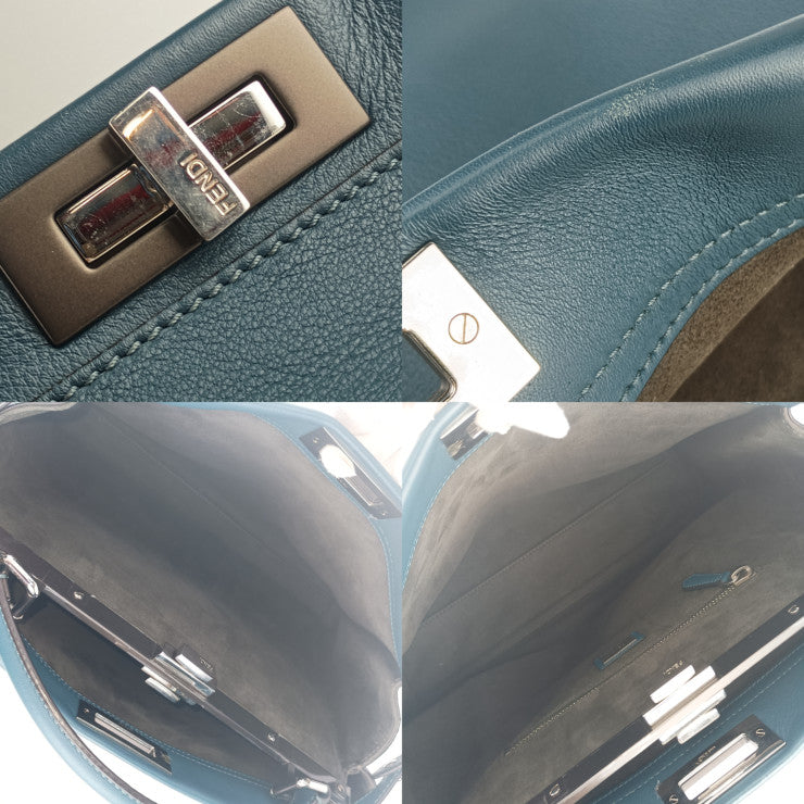 超美品 FENDI フェンディ トートバッグ ピーカブー ラージ 8BN210 ブルー系 シルバー金具 レザー レディース 2WAY ショルダーバッグ ターンロック