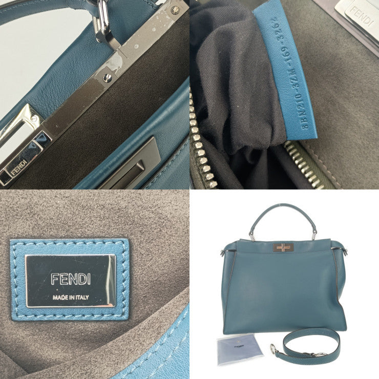 超美品 FENDI フェンディ トートバッグ ピーカブー ラージ 8BN210 ブルー系 シルバー金具 レザー レディース 2WAY ショルダーバッグ ターンロック