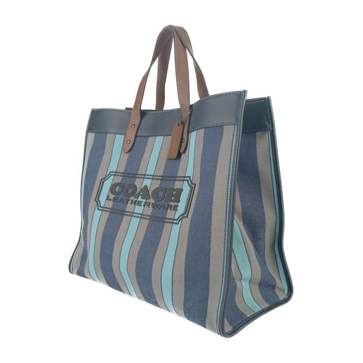 美品 COACH コーチ トートバッグ フィールド トート 40 C3798 ブルー系 キャンバス レザー ユニセックス 2WAY ショルダーバッグ ストライプ