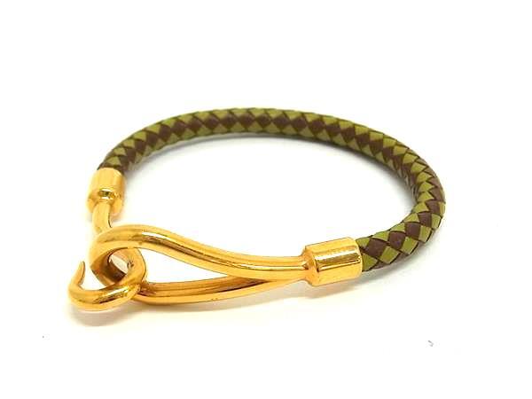 HERMES エルメス ブレスレット ジャンボ - グリーン系×ブラウン系 レザー ユニセックス 編み込み ゴールド金具 美品