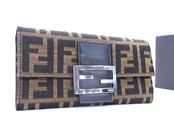 FENDI フェンディ 財布 ズッカ 8M0021 ブラウン キャンバス×レザー ユニセックス 二つ折り 長財布 シルバー金具 美品