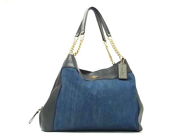 COACH コーチ トートバッグ F25884 ブルー ネイビー デニム×レザー レディース チェーン ゴールド金具