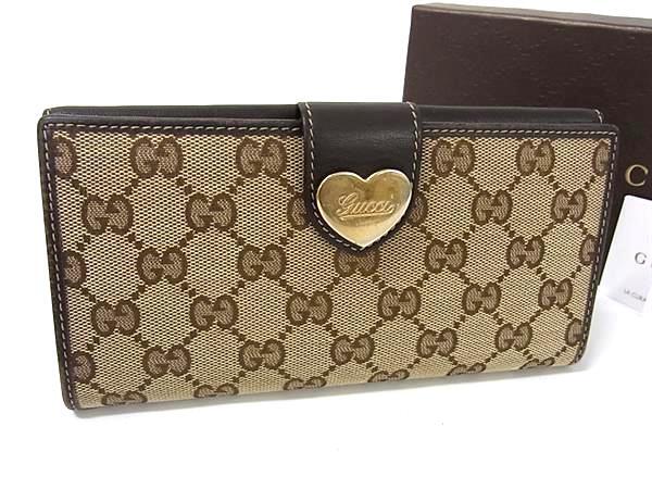 GUCCI グッチ 財布 GGキャンバス 203550 ブラウン キャンバス×レザー レディース ハート Wホック 二つ折り 長財布 ゴールド金具