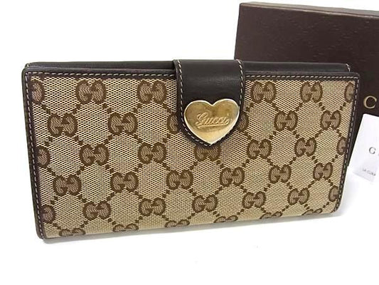 GUCCI グッチ 財布 GGキャンバス 203550 ブラウン キャンバス×レザー レディース ハート Wホック 二つ折り 長財布 ゴールド金具