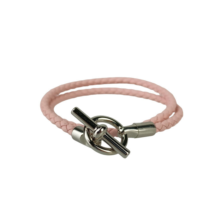 HERMES エルメス ブレスレット グレナン ピンク レザー レディース ドゥブルトゥール 編込み シルバー金具 超美品
