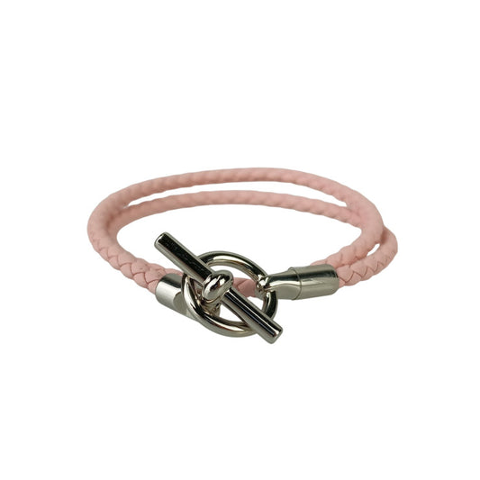 HERMES エルメス ブレスレット グレナン ピンク レザー レディース ドゥブルトゥール 編込み シルバー金具 超美品