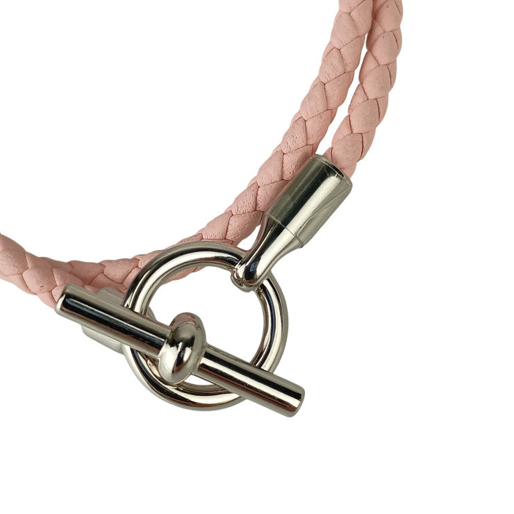 HERMES エルメス ブレスレット グレナン ピンク レザー レディース ドゥブルトゥール 編込み シルバー金具 超美品