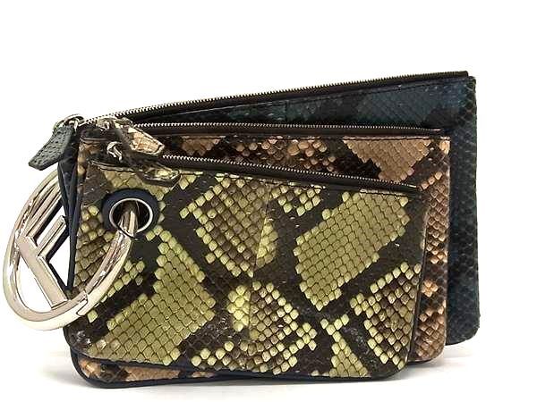 FENDI フェンディ ポーチ トリプレット 8BS001 カーキ系 ブラウン系 ブルー系 パイソン レザー ユニセックス 3連 シルバー金具